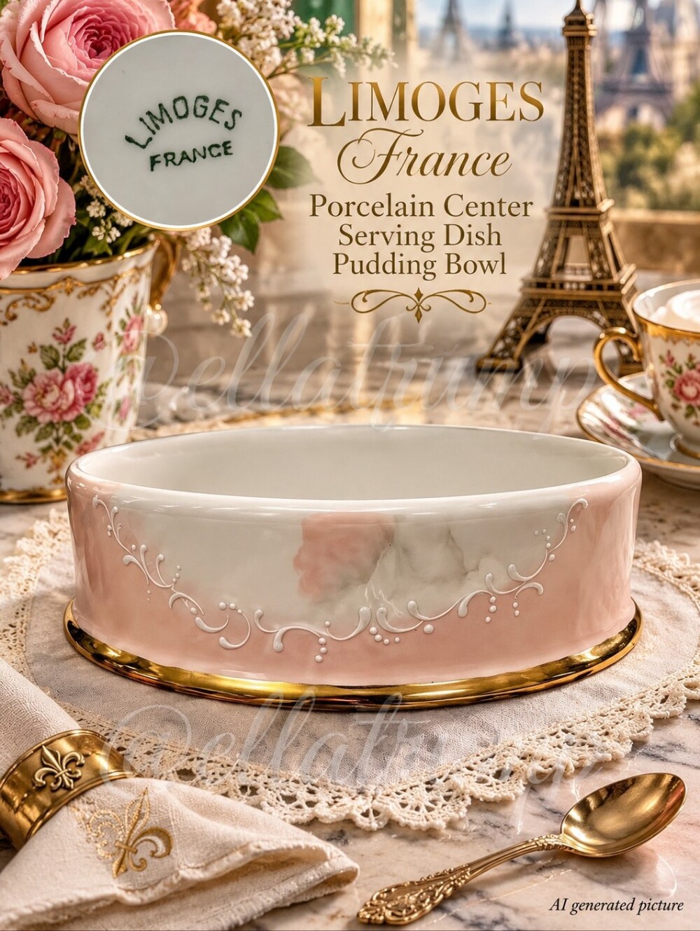 LIMOGES France Porcelain Center Serving Dish Pudding Bowl 6.25 x 2"